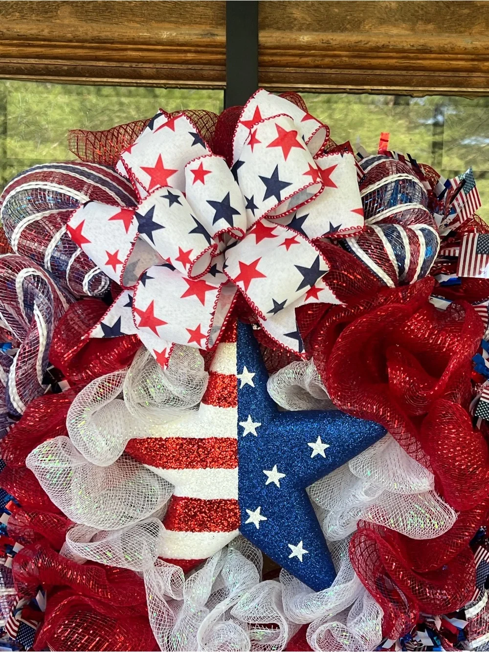Handmade Patriotic Red, White & Blue with Star Deco Mesh Holiday Wreath